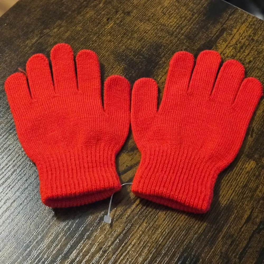 Boutique Bright Red Kids Winter Gloves w/ White Reindeer & Snowflake Design